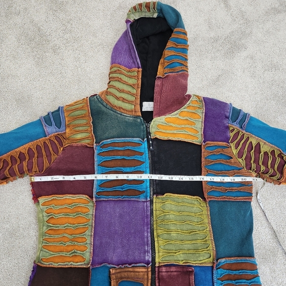 Ark Import Artsy Boho Faded Patchwork Hooded Fleece Lined Jacket Size M Hippi - Picture 7 of 16